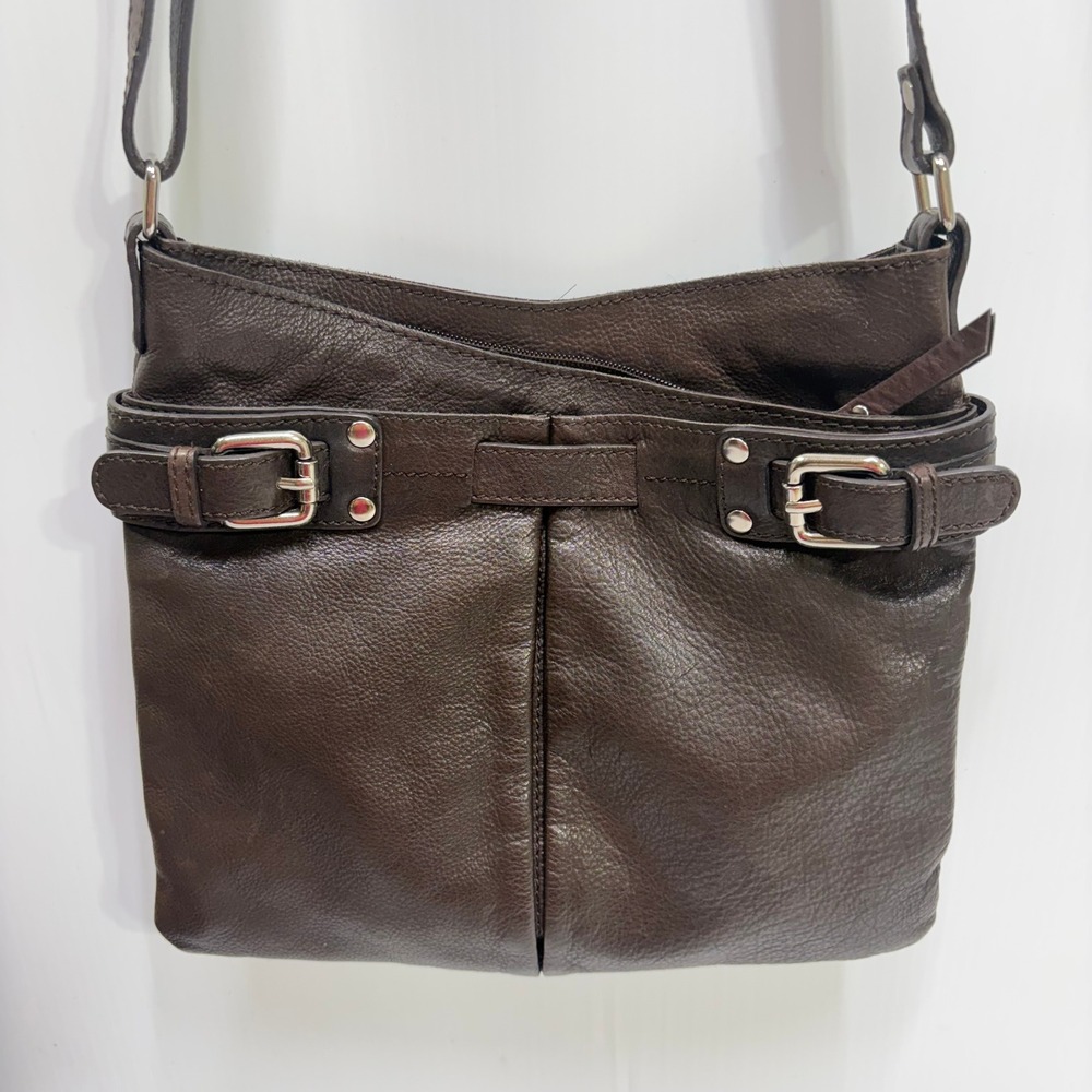 5th Avenue Dark Brown Real Leather Crossbody Bag Silver Buckle Detail Messenger